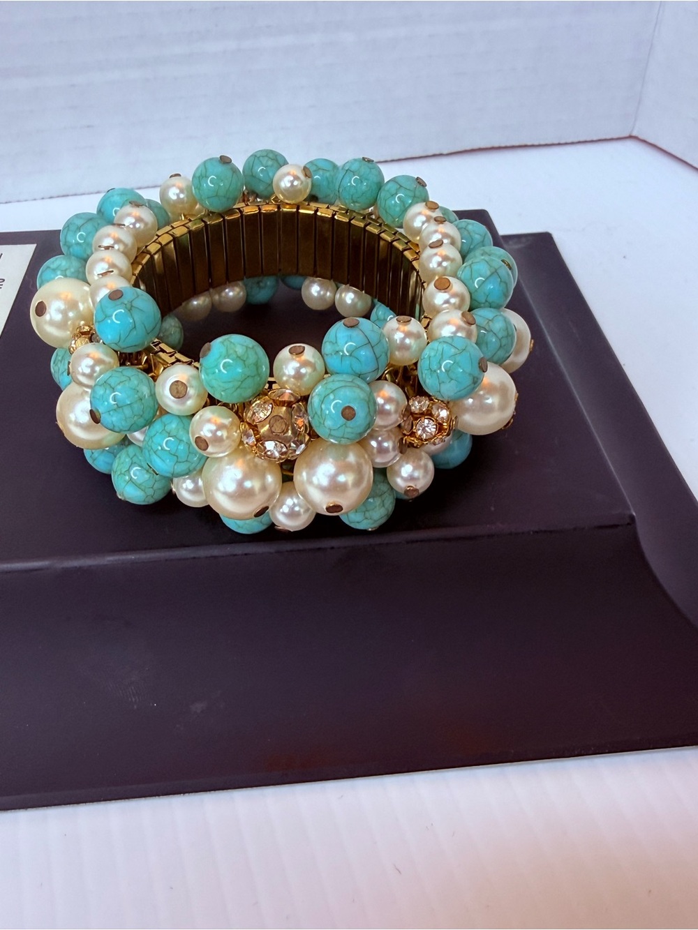 Joan Rivers Turquoise and Pearl Cluster Stretch Bracelet - Picture 2 of 4